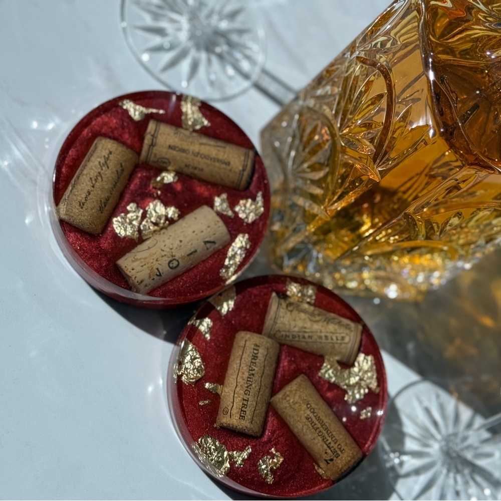 Set of 2 handmade resin metallic Red Coasters with Cork and Gold Leaf Accents